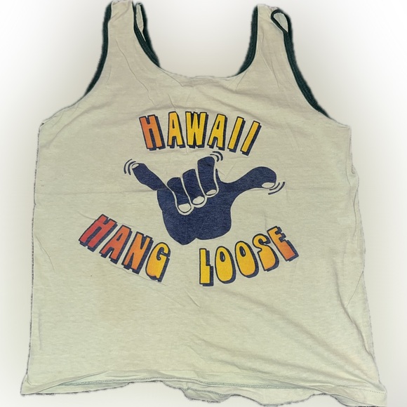 Vintage 1970s Hawaii Hang Loose Shaka Tank Top Light Sage Green Trim - Picture 1 of 4